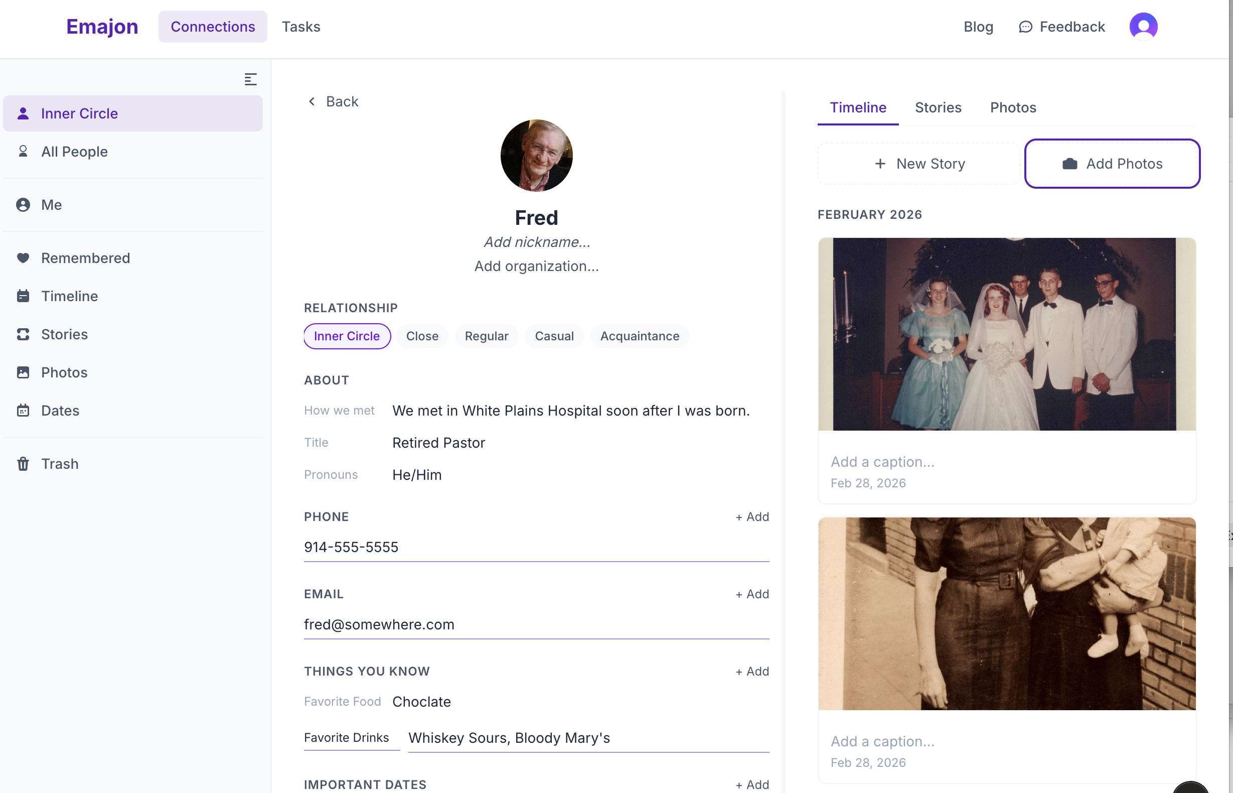 A person's profile in Emajon showing relationship tier, about details, photos, and timeline